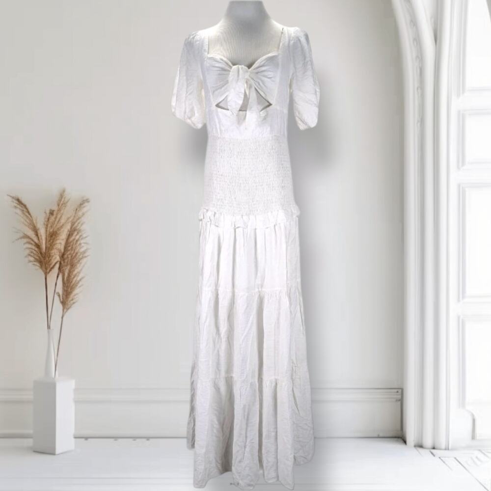 White Nap Dress Cottagecore Coquette Maxi Puff Sleeve Open Back L Skylar Rose - Picture 2 of 16